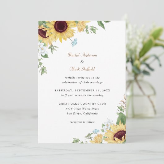 Rustic Elegant Sunflower Wedding Uitnodiging (Staand voorkant)