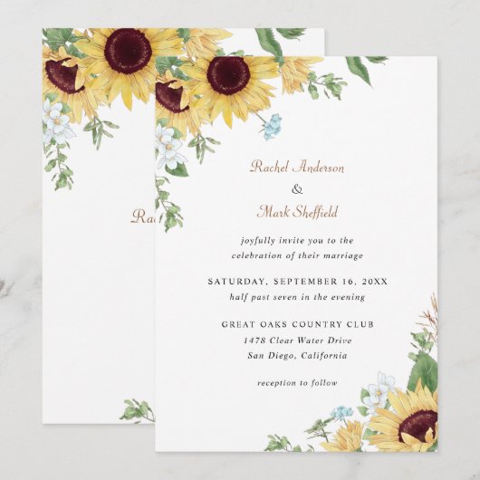 Rustic Elegant Sunflower Wedding Uitnodiging (Voorkant / Achterkant)