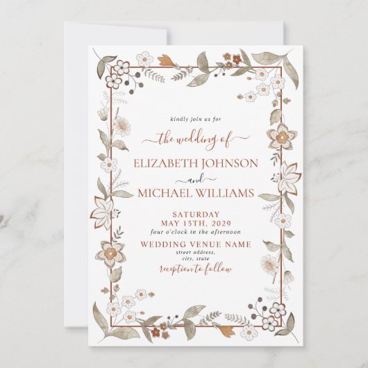 Rustic Elegant Terracotta Floral Script Wedding Kaart (Voorkant)