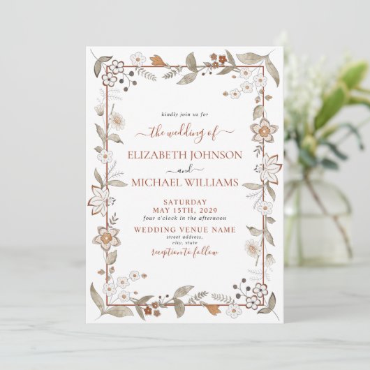 Rustic Elegant Terracotta Floral Script Wedding Kaart (Staand voorkant)