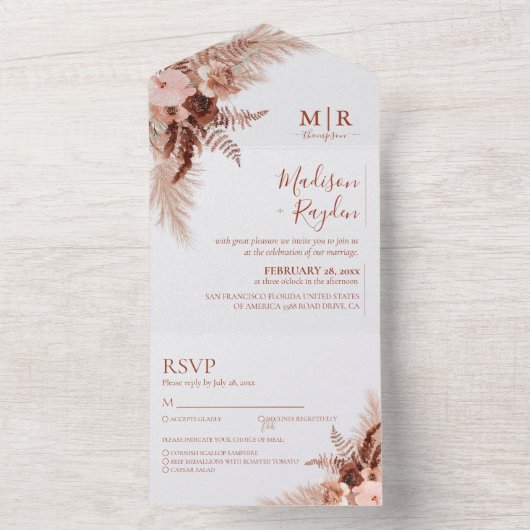 Rustic Elegant Terracotta Pampas Grass Wedding All In One Uitnodiging (Binnen)