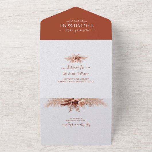 Rustic Elegant Terracotta Pampas Grass Wedding All In One Uitnodiging (Buitenkant)