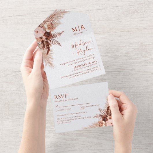Rustic Elegant Terracotta Pampas Grass Wedding All In One Uitnodiging (Afscheurbaar)