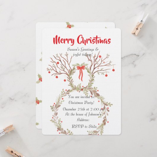 Rustic elegant watercolour Christmas invite cards Kaart (Voorkant / Achterkant in situ)