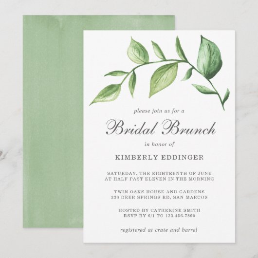Rustic Elegant Waterverf Greenery Bridal Brunch Kaart (Voorkant / Achterkant)
