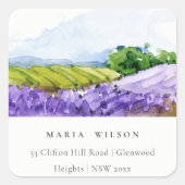 Rustic Elegant Waterverf Lavender Fields Adres Vierkante Sticker (Voorkant)