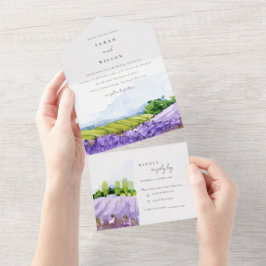 Rustic Elegant Waterverf Lavender Fields Wedding All In One Uitnodiging