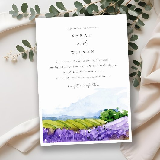 Rustic Elegant Waterverf Lavender Fields Wedding Kaart