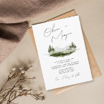 Rustic Elegant Waterverf Mountain Wedding Kaart<br><div class="desc">Deze elegante bestemmings bruiloft kenmerkt een romantisch waterverf gebied met bergen,  dennenbomen en groener bos dat perfect is voor uw berganse top-droombruiloft en een ingewikkeld script calligrafie lettertype van uw namen dat een meer rustige vibe geeft.</div>