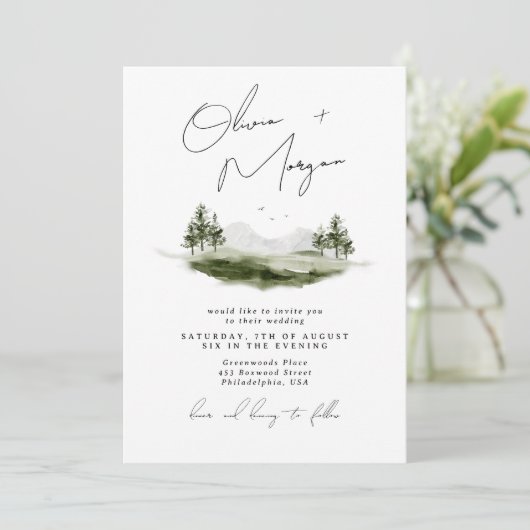 Rustic Elegant Waterverf Mountain Wedding Kaart (Staand voorkant)