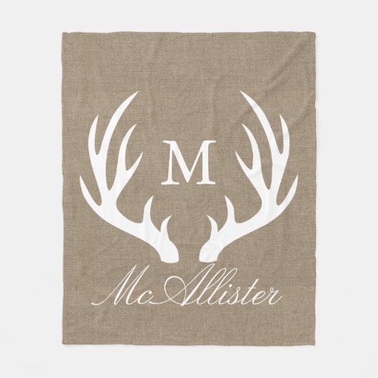 Rustic Elegant White Buck Antlers Faux Burlap Fleece Deken (Voorkant)