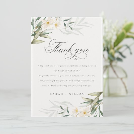 Rustic Elegant White Greenery Floral Wedding Bedankkaart (Staand voorkant)