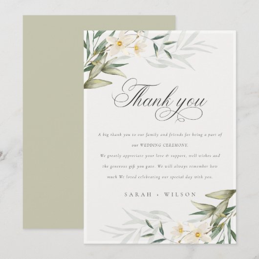 Rustic Elegant White Greenery Floral Wedding Bedankkaart (Voorkant / Achterkant)