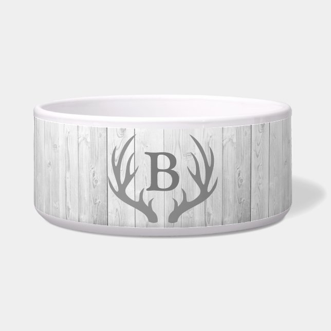 Rustic Elegant White Wood Deer Antlers | Monogram Voerbakje (Voorkant)