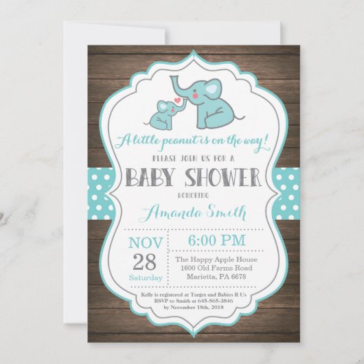 Rustic Elephant Baby shower Invitation Aqua Kaart (Voorkant)