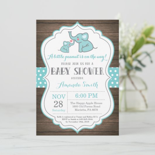 Rustic Elephant Baby shower Invitation Aqua Kaart (Staand voorkant)