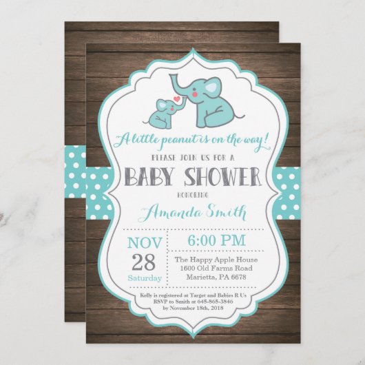 Rustic Elephant Baby shower Invitation Aqua Kaart (Voorkant / Achterkant)