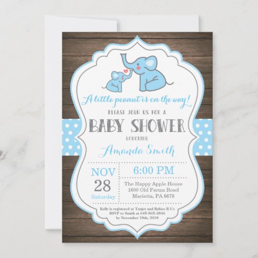 Rustic Elephant Baby shower Invitation Blue Kaart (Voorkant)