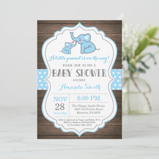 Rustic Elephant Baby shower Invitation Blue Kaart (Staand voorkant)
