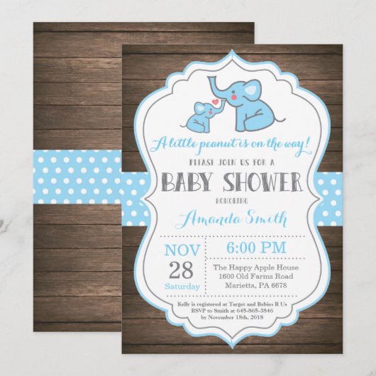 Rustic Elephant Baby shower Invitation Blue Kaart (Voorkant / Achterkant)