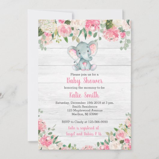 Rustic Elephant Baby Shower Invitations for a Girl Kaart (Voorkant)