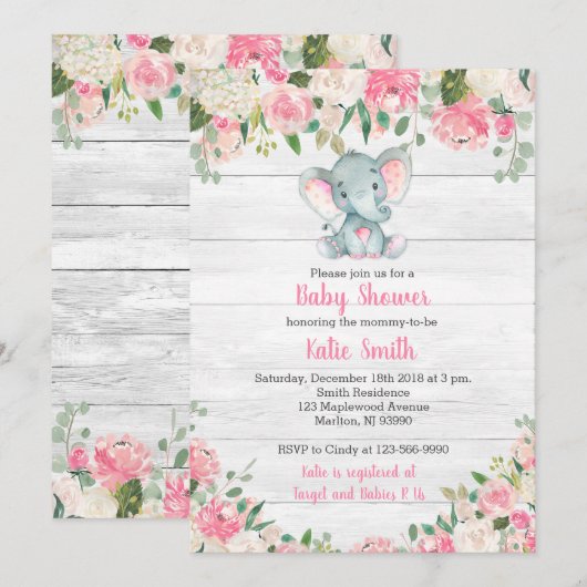 Rustic Elephant Baby Shower Invitations for a Girl Kaart (Voorkant / Achterkant)
