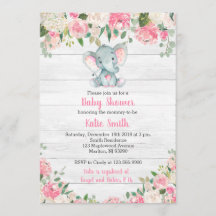 Rustic Elephant Baby Shower Invitations for a Girl