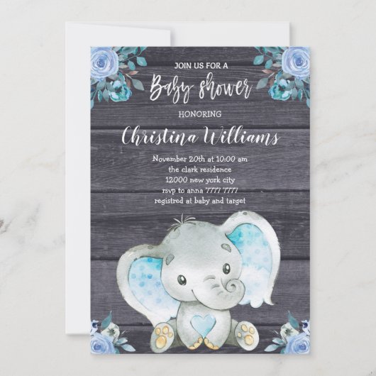 Rustic Elephant Blue Floral Boy Baby shower Kaart (Voorkant)