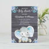 Rustic Elephant Blue Floral Boy Baby shower Kaart (Staand voorkant)