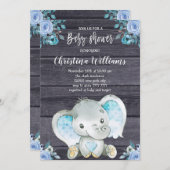 Rustic Elephant Blue Floral Boy Baby shower Kaart (Voorkant / Achterkant)