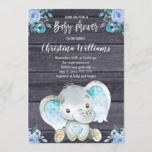 Rustic Elephant Blue Floral Boy Baby shower Kaart