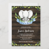 Rustic Elephant Boy Baby Shower Invitations Kaart (Voorkant)