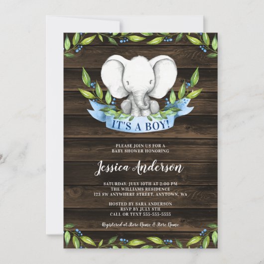 Rustic Elephant Boy Baby Shower Invitations Kaart (Voorkant)