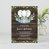Rustic Elephant Boy Baby Shower Invitations Kaart (Staand voorkant)