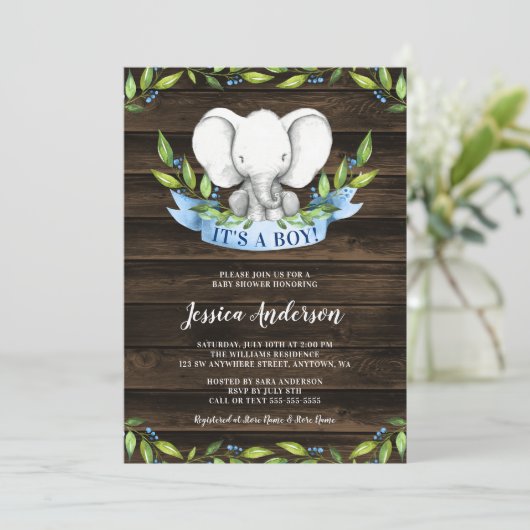 Rustic Elephant Boy Baby Shower Invitations Kaart (Staand voorkant)