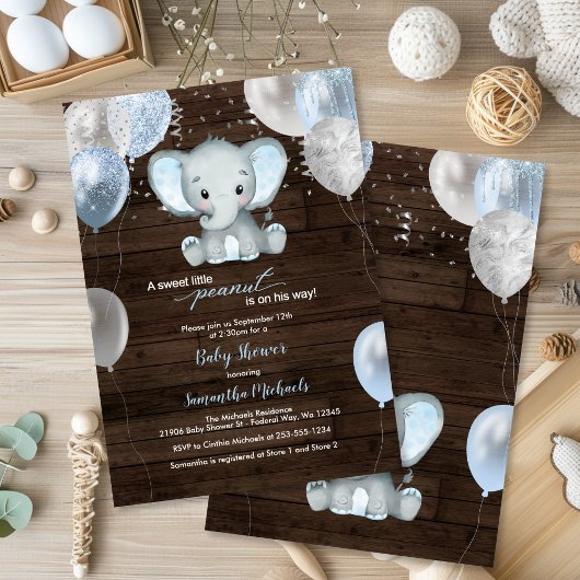 Rustic Elephant Boy Balloons Baby shower Kaart