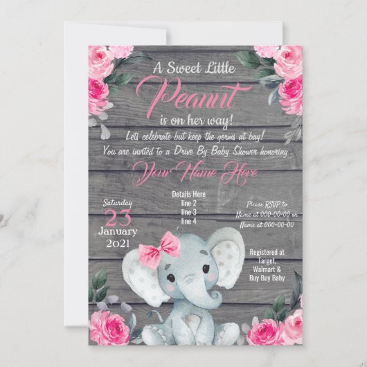 Rustic Elephant Drive Baby shower Uitnodiging roze (Voorkant)