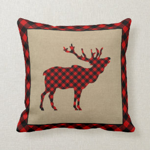 Rustic Elk Burlap en Red Plaid Kussen