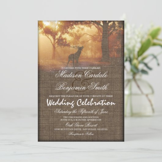 Rustic Elk Woodland Burlap Print Huwelijksuitnodig Kaart (Staand voorkant)
