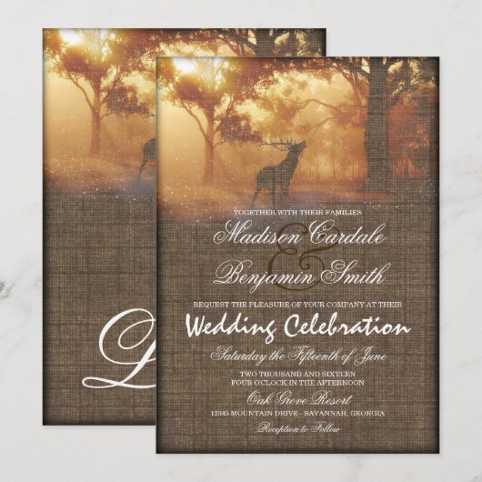 Rustic Elk Woodland Burlap Print Huwelijksuitnodig Kaart (Voorkant / Achterkant)