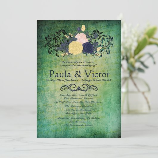 Rustic Emerald Floral Wedding Invitations Kaart (Staand voorkant)