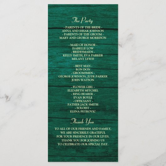 Rustic Emerald Green Wedding Programmakaart (Achterkant)