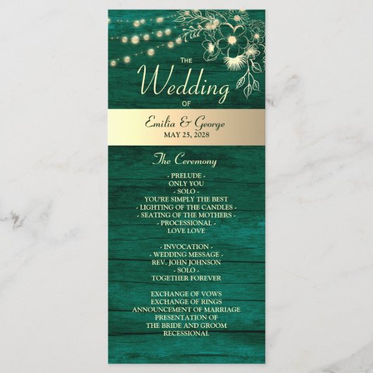 Rustic Emerald Green Wedding Programmakaart (Voorkant)