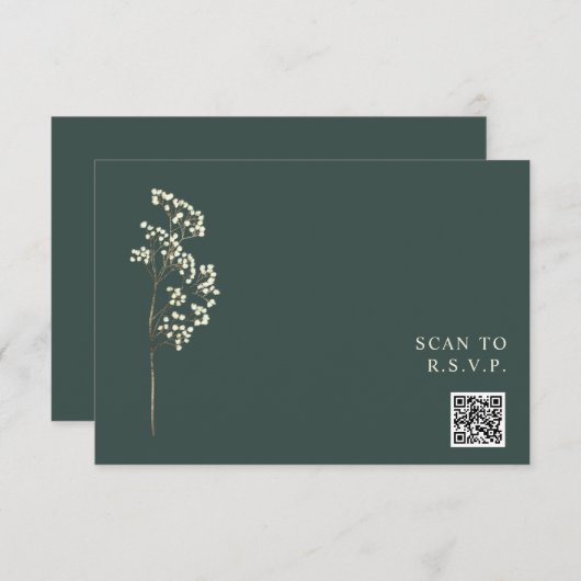 Rustic Emerald Gypsophila QR Code Weddenschap RSVP Kaartje (Voorkant / Achterkant)