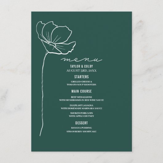 Rustic Emerald Line Art Flower Wedding Menu (Voorkant)