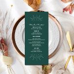 Rustic Emerald Line Art Wedding Menu<br><div class="desc">Witlijnkunst inspireerde "Menu"-tekst bovenaan met witte aangepaste tekst en emerald background met lijnartaccenten boven en onder.</div>