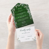 Rustic Emerald Wood Floral Foliage Cascade Wedding All In One Uitnodiging (Afscheurbaar)