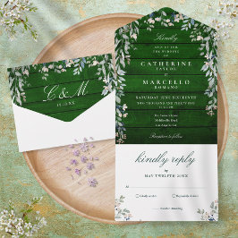 Rustic Emerald Wood Floral Foliage Cascade Wedding All In One Uitnodiging