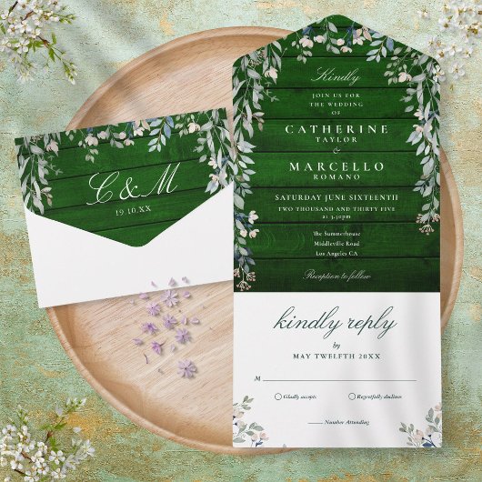Rustic Emerald Wood Floral Foliage Cascade Wedding All In One Uitnodiging