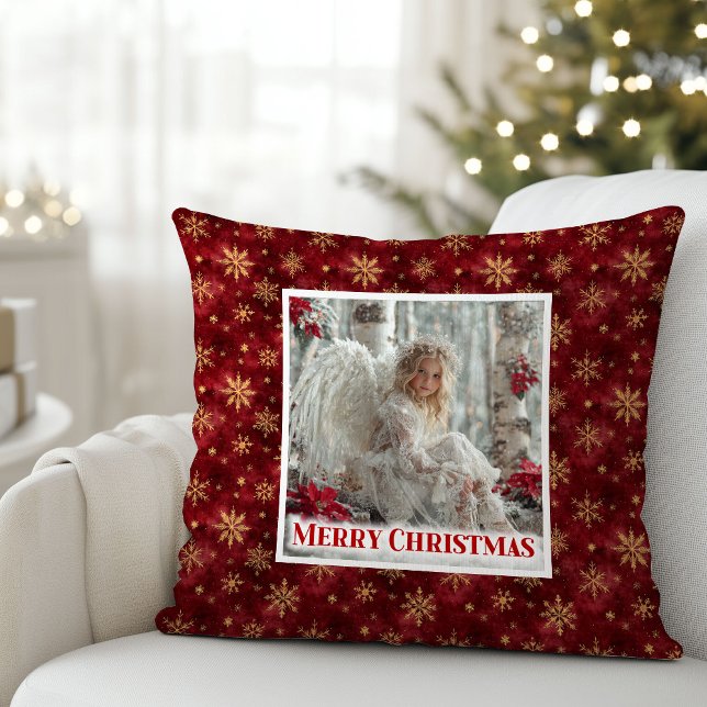 Rustic Engel Poinsettia Rood Goud Aangepaste Kerst Kussen (Rustic Angel Poinsettia Red Gold Custom Christmas Pillow

)